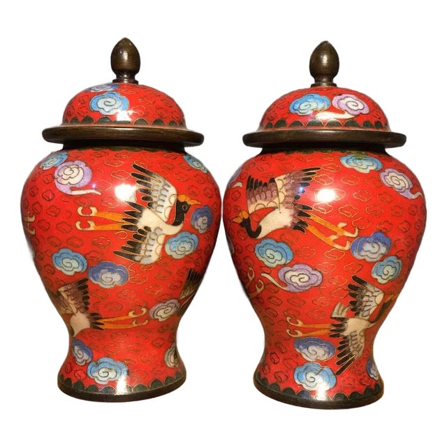 Pair of Vintage Chinese Cloisonné Red Ground "Crane & Clouds" Covered Jars - 2570g For Sale