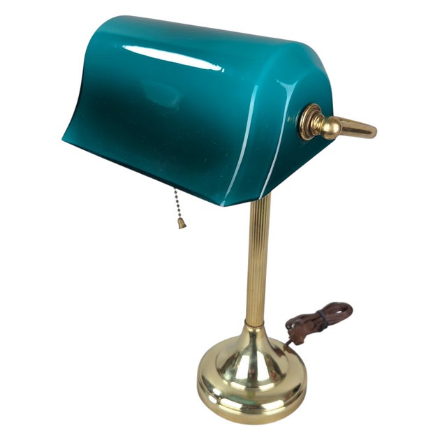 1970s Mid-Century Modern Art Deco Brass and Teal Glass Banker's Desk Lamp For Sale - Image 16 of 18