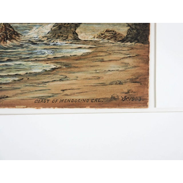 Antique 1903 watercolor on artist board painting of Coast of Mendocino California. Signed JW, dated 1903 and titled lower...