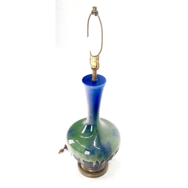Metal Blue Green Black Drip Glaze Italian Pottery Ceramic Onion Shape Table Lamp MINT! For Sale - Image 7 of 11