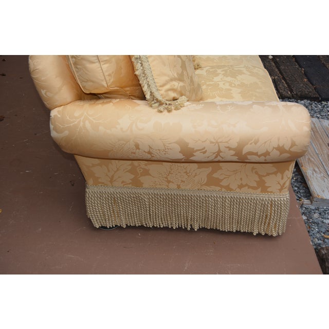 Sherrill Furniture Sherill Yellow Damask Couch W/ Corded Fringed Skirt & Tasseled Throw Pillows For Sale - Image 4 of 18