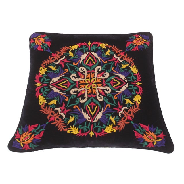 Boho Chic Hand Embroidered Royal Blue Velvet Pillow For Sale In New York - Image 6 of 8