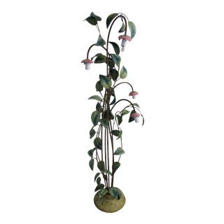 Mid-Century Modern French Tole 57" Tall Four Light Floor Lamp Leaves & Blossoms For Sale