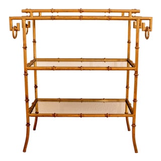 Contemporary Chippendale Gold Faux Bamboo and Mirror Bar Cart For Sale