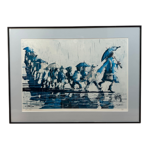 1991 Original Lithograph of Woman and Children in the Rain Signed Darcy May