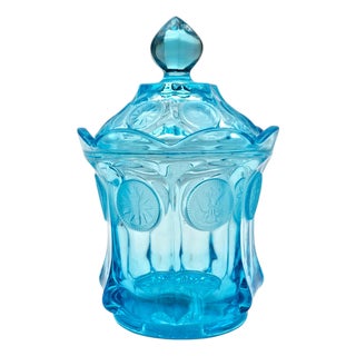 Fostoria Aqua Ice Blue Coin Glass Covered Candy Jar With Finial Lid For Sale