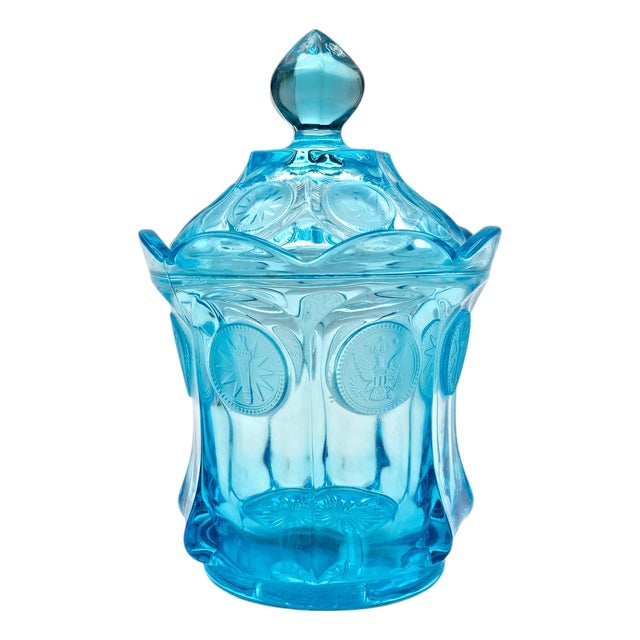 Fostoria Aqua Ice Blue Coin Glass Covered Candy Jar With Finial Lid For Sale