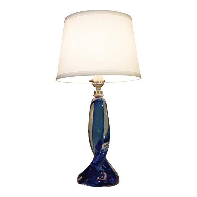 1960s Mid Century Modern Val St Lambert Signed Belgium Marine Swirl Solid Blown Art Glass Table Lamp Murano For Sale