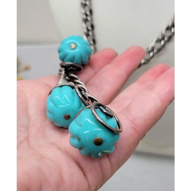 Napier Vintage Signed Napier Book Piece Modernist Silvertone Faux-Turquoise Pendants Necklace For Sale - Image 4 of 8