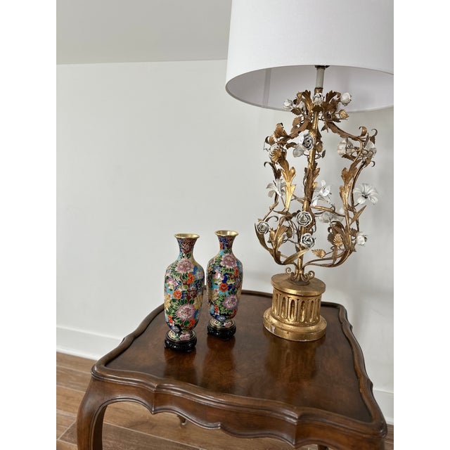 Gold Cloisonné Vases With Wooden Stands- A Pair For Sale - Image 8 of 8