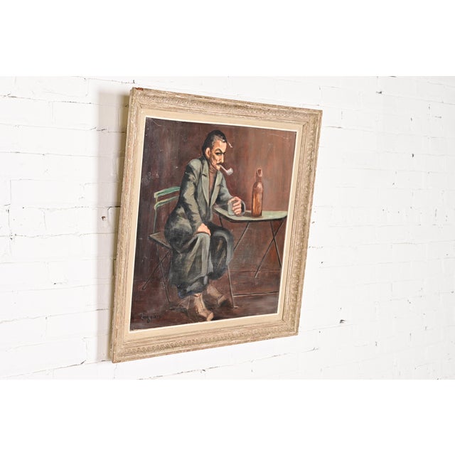 Original Signed Roberte Holly-Logeais Framed Oil Painting on Canvas of Drinking Man For Sale - Image 4 of 13