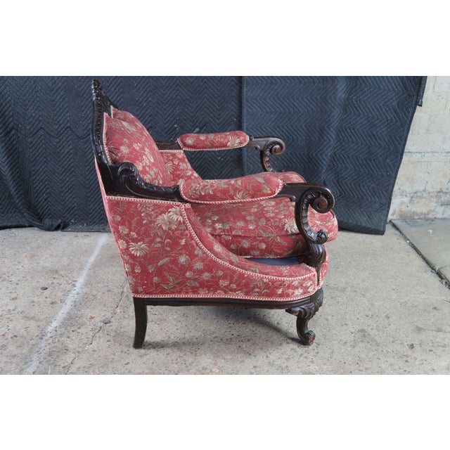 Antique Victorian Carved Mahogany Baroque Rococo Fauteuil Parlor Armchair For Sale - Image 6 of 14