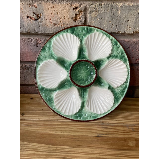 1920s Antique French Longchamp Majolica Green and White Oyster Plate For Sale - Image 13 of 14
