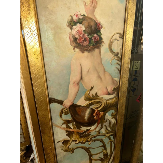 Gold Antique French Rococo Gilded Three-Panel Hand-Painted Folding Screen With Cherubs and Floral Motifs For Sale - Image 8 of 10