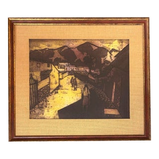 1950’s Original Folk Art European Village Lithograph For Sale