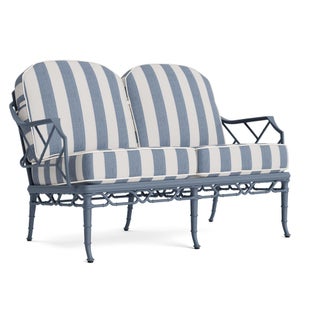 Brown Jordan Calcutta Loveseat in Sapphire with Sapphire Stripe and Sea Salt Welt Cushions For Sale