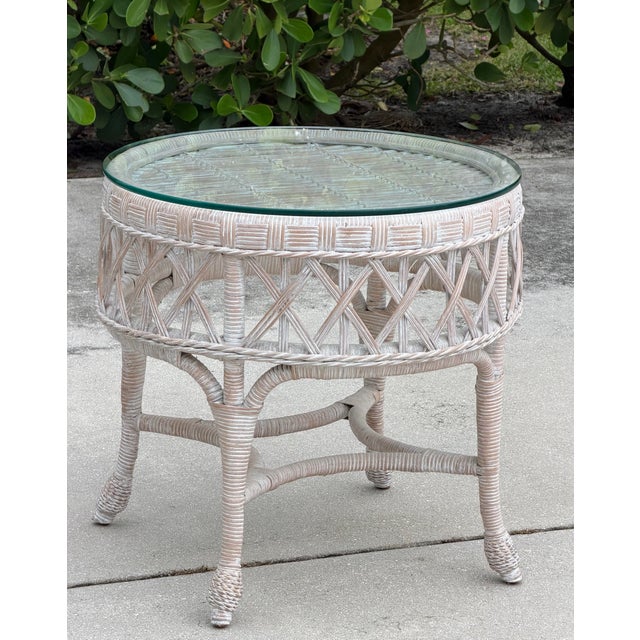 Contemporary Vintage Whitewashed Rattan Petite Center Table With Thick Glass Top For Sale - Image 3 of 10
