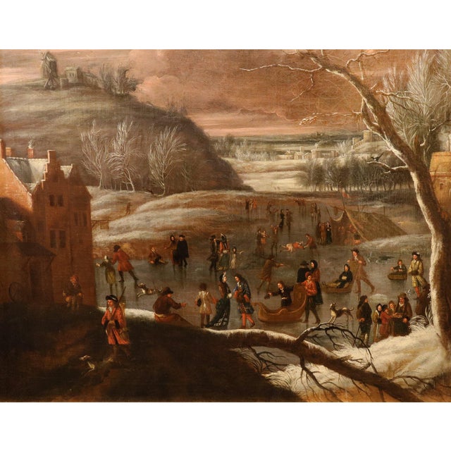 After Joseph Van Bredael, Winter Landscape, 1720, Oil on Canvas For Sale - Image 11 of 15