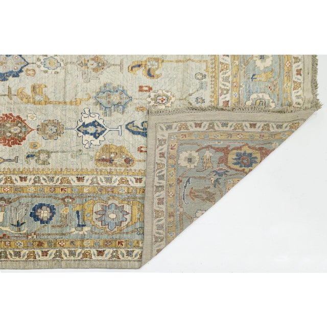 Modern Modern Hand-Knotted Oushak Style Wool Area Rug in Soft Sage and Slate Blue 14x20 For Sale - Image 3 of 12