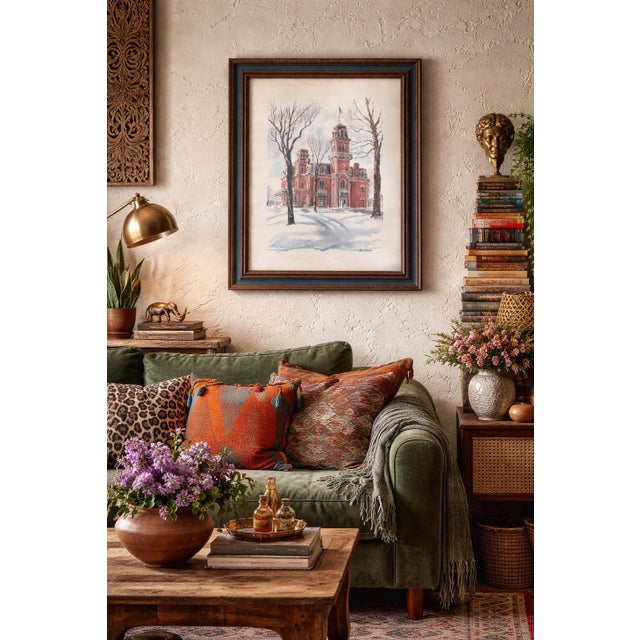 This vintage framed watercolor print depicts the historic Hubbell Mansion, also known as “Terrace Hill,” rendered in a...