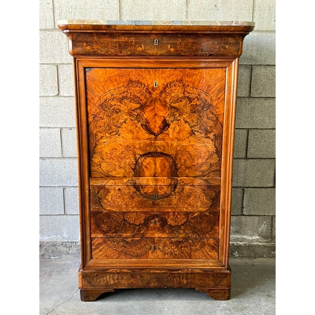 Louis Philippe French Figured Walnut Secrétaire À Abattant With Marble Top For Sale - Image 15 of 15