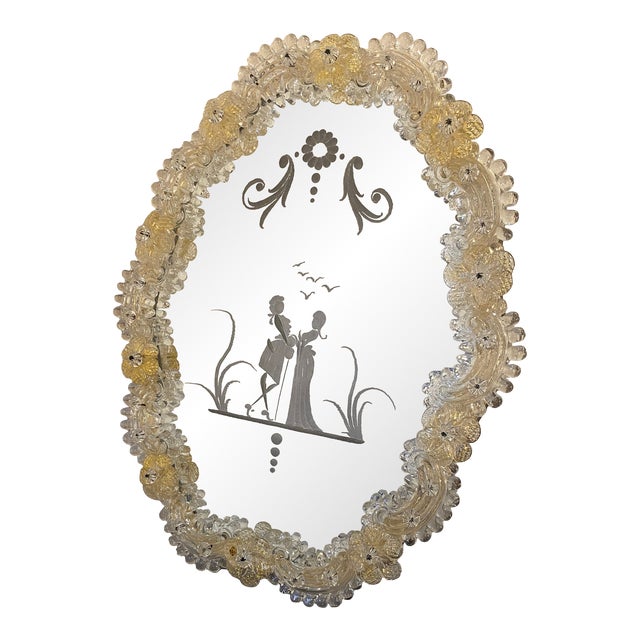 Contemporary Venetian Table Mirror Frame With Trasparents and Gold-Leaf Flowers With Engraving Decorations Murano Style Glass For Sale