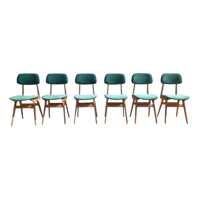 Chairs in Maple Wood and Sea Green Velvet, 1950s, Set of 6 For Sale