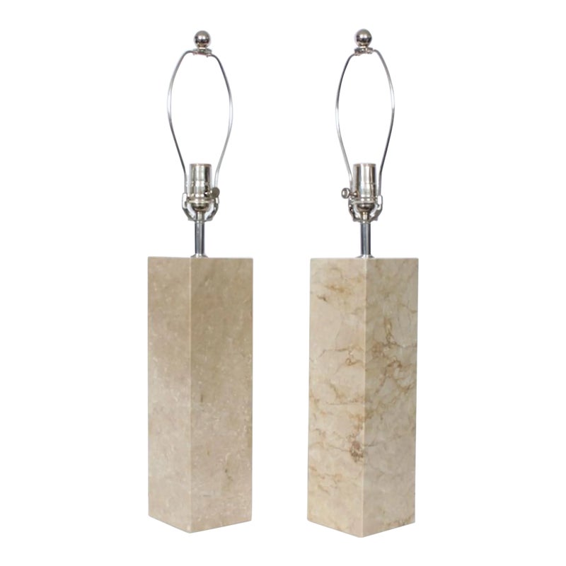 George Kovacs Style Solid Beige Tone Travertine Table Lamps, 1970's - A Pair