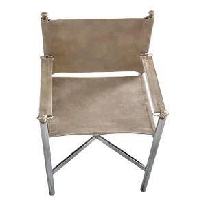 Vintage Campaign Maison Jansen Style, Pace Director Arm Chair, Suede Leather Chrome and Brass