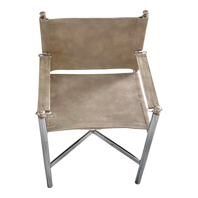 Vintage Maison Jansen Style, Campaign Pace Director Arm Chair, Suede Leather Chrome and Brass For Sale