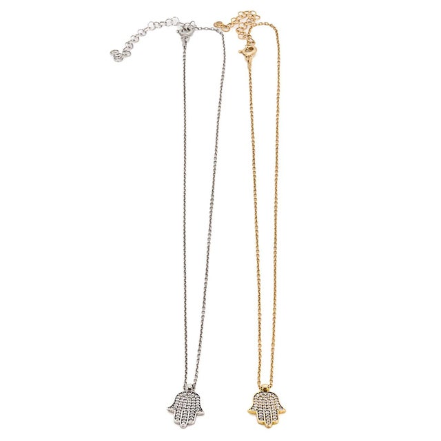 Silver Dainty Diamond Hamsa Pendant Gold Chain Necklace For Sale - Image 8 of 8