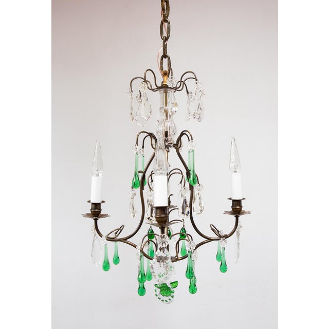 French Chandelier in Brass with Green Crystals, 1920s For Sale - Image 6 of 10