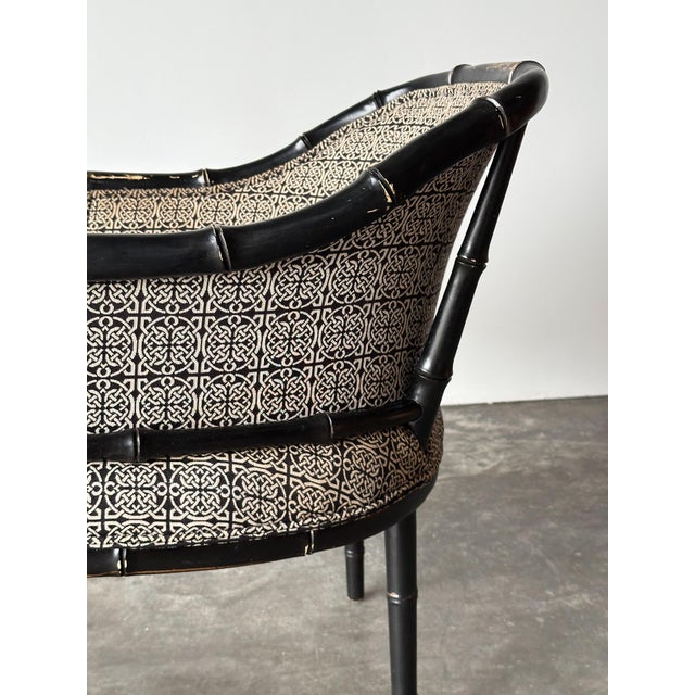 Vintage Black Lacquered Faux Bamboo Barrel-Back Armchair For Sale - Image 9 of 18