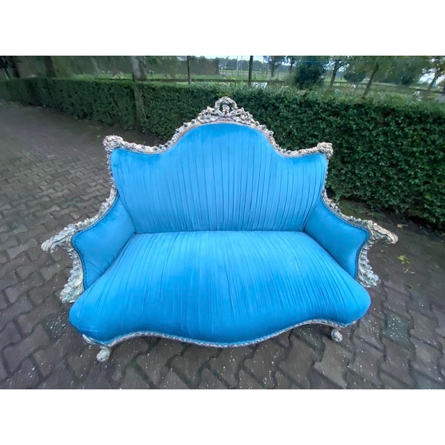 Wood 1970 French Louis XVI Pastel Beech Blue Velvet Settee For Sale - Image 7 of 15