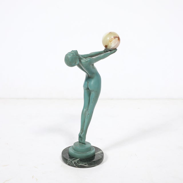 Art Deco Sculptural Onyx & Veria Green Marble Nude Flapper Signed Max Le Verrier For Sale - Image 13 of 17