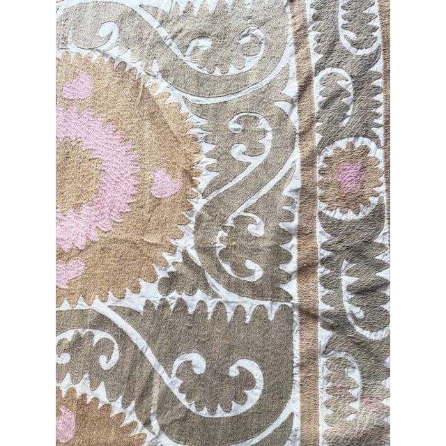 Textile Hand-Embroidered Large Neutral Tan Suzani Bedspread For Sale - Image 7 of 9