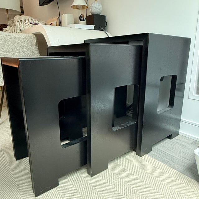Trio of Holly Hunt Modernist Nesting Tables This set of tables is substantial in size and weight with an architectural...