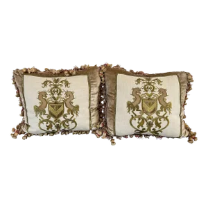 Embroidery Silk & Velvet Crest Pillows with Tassel Trim - a Pair