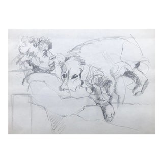 1980s John Reilly Drawing of Lady with Dog For Sale