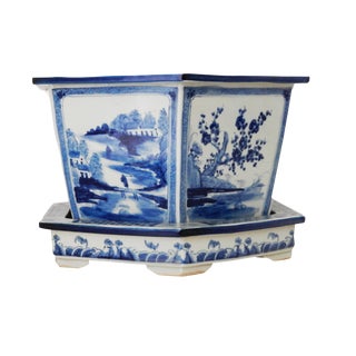 Blue & White Hexagonal Jardiniere For Sale