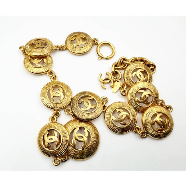 Chanel Vintage Gold Plated CC Coin Medallion Chain Necklace *Marked Chanel *Made in France -The largest medallion is...