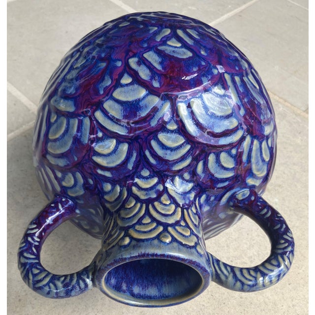 Late 20th-Century Safi-Style Earthenware Dual-Handled Pottery Vessel Drenched in Deep Cobalt Blue & Byzantium Purple, Mexico For Sale - Image 18 of 18