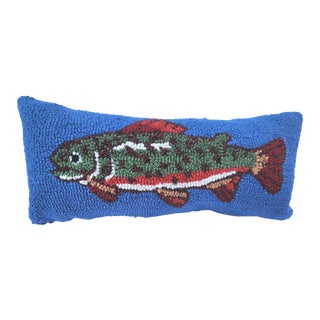 Vintage Hooked Wool Lumbar Pillow With Fish For Sale