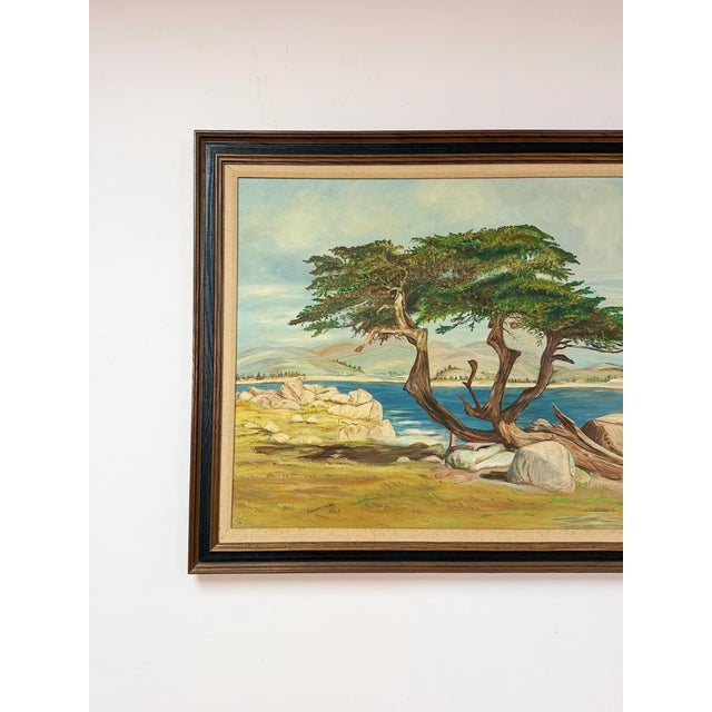 Vintage Oil Painting Coastal Landscape Gnarled Tree Seascape Signed Framed For Sale - Image 4 of 9