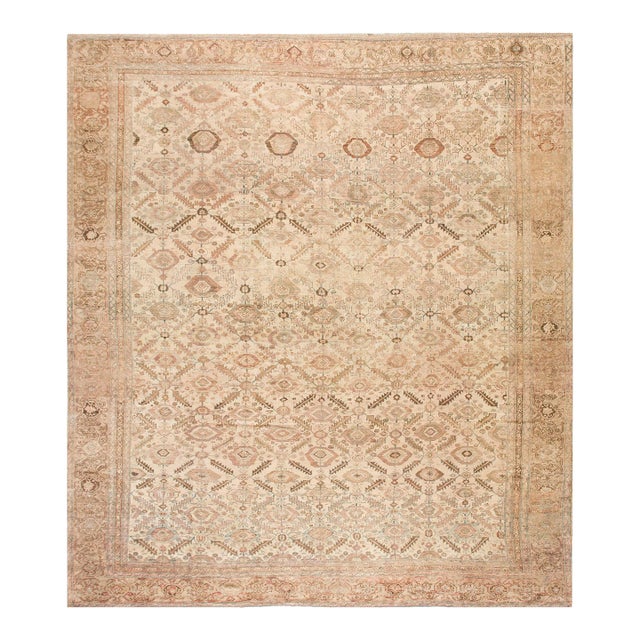 Charismatic Earth Tones Ground Color With Geometric Design Antique Persian Malayer Rug For Sale