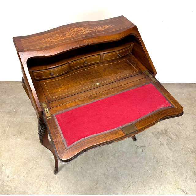 Brown Antique French Louis XV Style Ormolu Mounted Marquetry Inlaid Slant Front Ladies Desk For Sale - Image 8 of 12