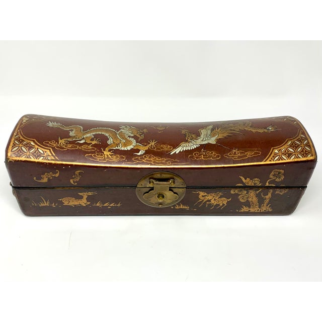 Antique Chinese Hand-Painted Leather Covered Pillow Box For Sale - Image 12 of 12