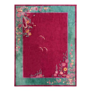 1920s Pink Blush Floral Modern Antique Chinese Art Deco Rug 8'9" X 11'4" Wool Handknotted Carpet For Sale