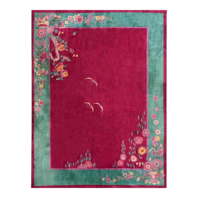 1920s Pink Blush Floral Modern Antique Chinese Art Deco Rug 8'9" X 11'4" Wool Handknotted Carpet For Sale