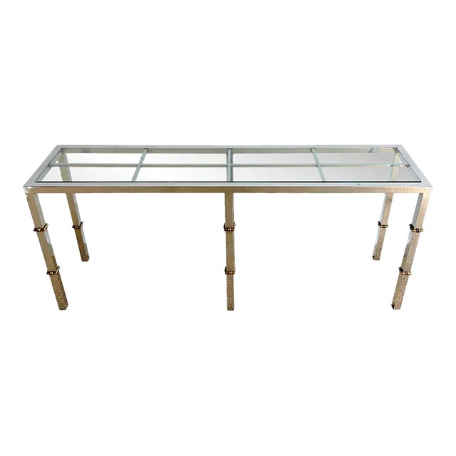 Italian 1970s Chrome & Glass Console With Brass Faux Bamboo Mounts For Sale